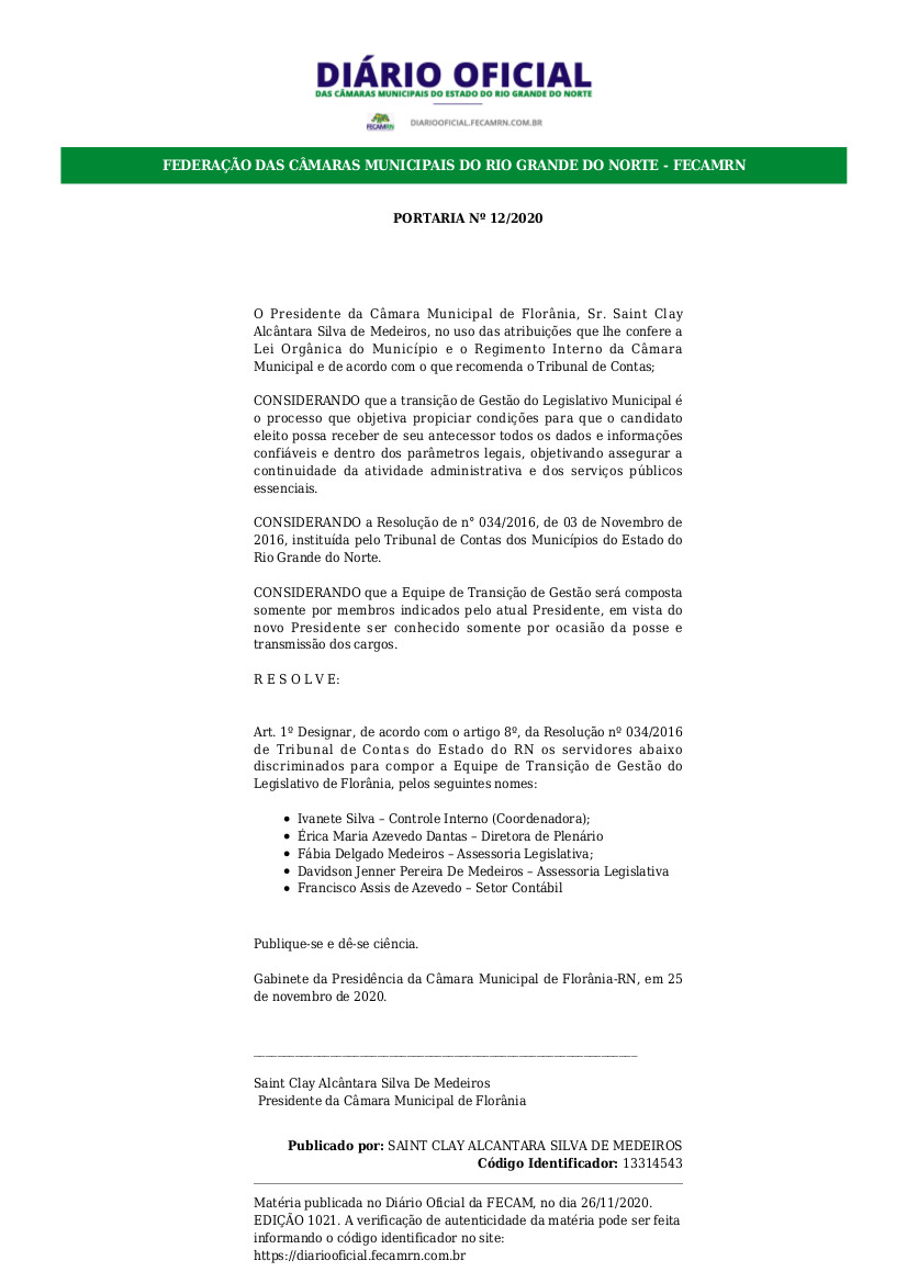 Portaria 12/2020 do Legislativo trata do processo de transição na Câmara Municipal de Vereadores de Florânia.